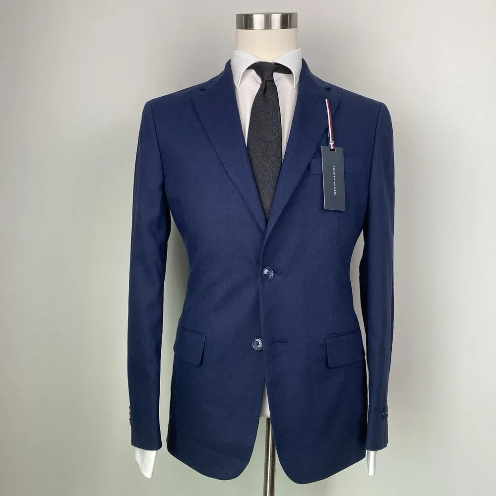 Tommy Hilfiger Mens Modern-Fit Suit Jacket 42L Linen Navy Blue